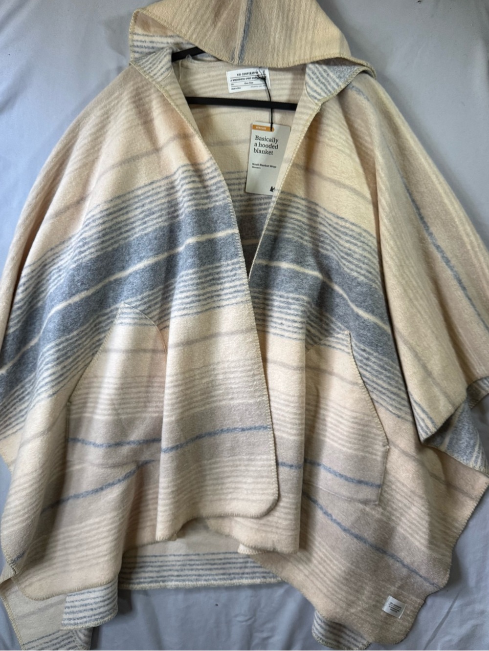 REI Cooperative Hooded Blanket Cape in Cream and Gray Stripe